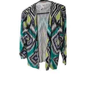 CHICO'S Women’s Cardigan Size 2 Large Green Ikat Boho Aztec Open Front Shirt